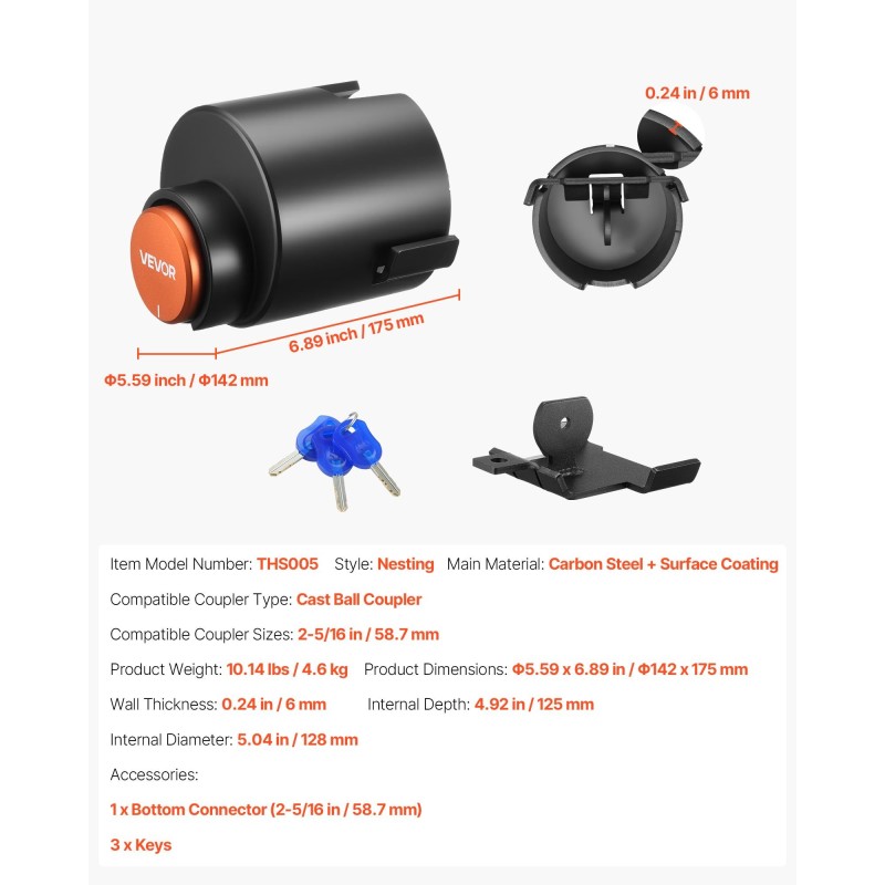 Perävaunun vetokoukun lukko hiiliteräs 58,6 mm valettuihin pallokytkimiin