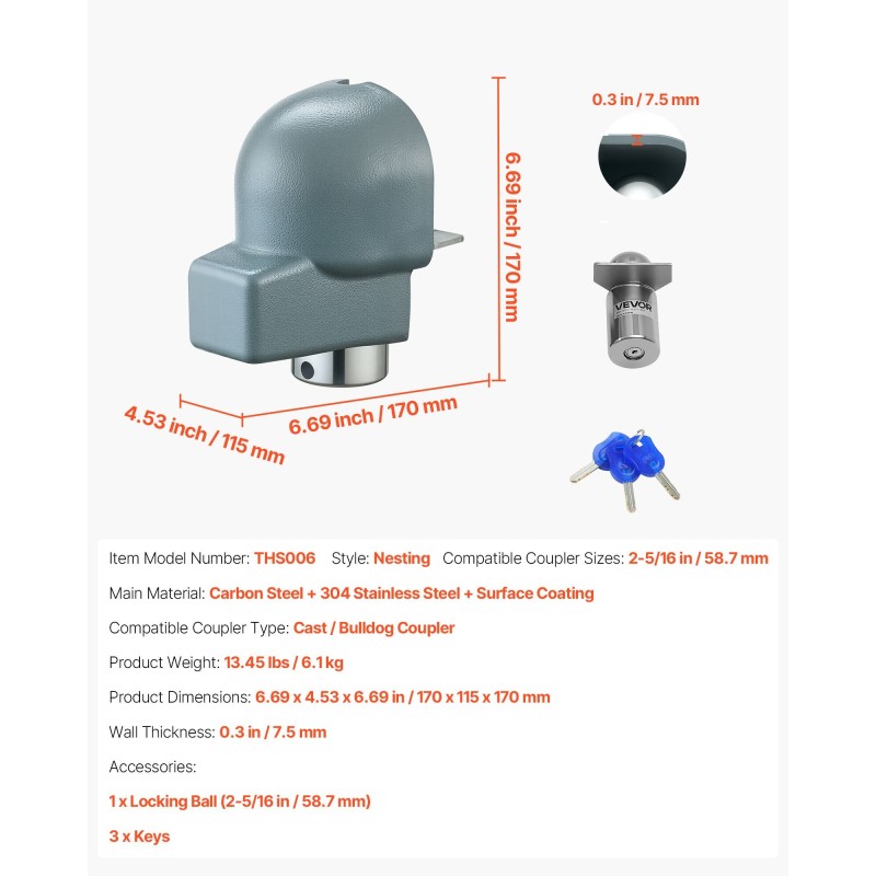 Perävaunun kytkinlukko hiiliteräs 7,5 mm seinämä 58,6 mm kytkimille 3 avainta