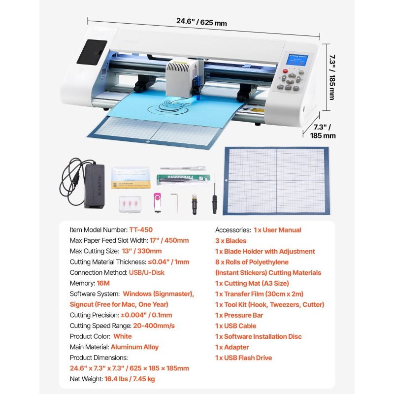 Askarteluleikkuri alumiiniseos TT-450 330 mm leikkuuleveys valkoinen automaattinen reunantunnistus vinyylille