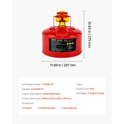 Turvapolttoainekanisteri 9,5 l kylmävalssattu hiiliteräs punainen ruostumaton liekinsammutin