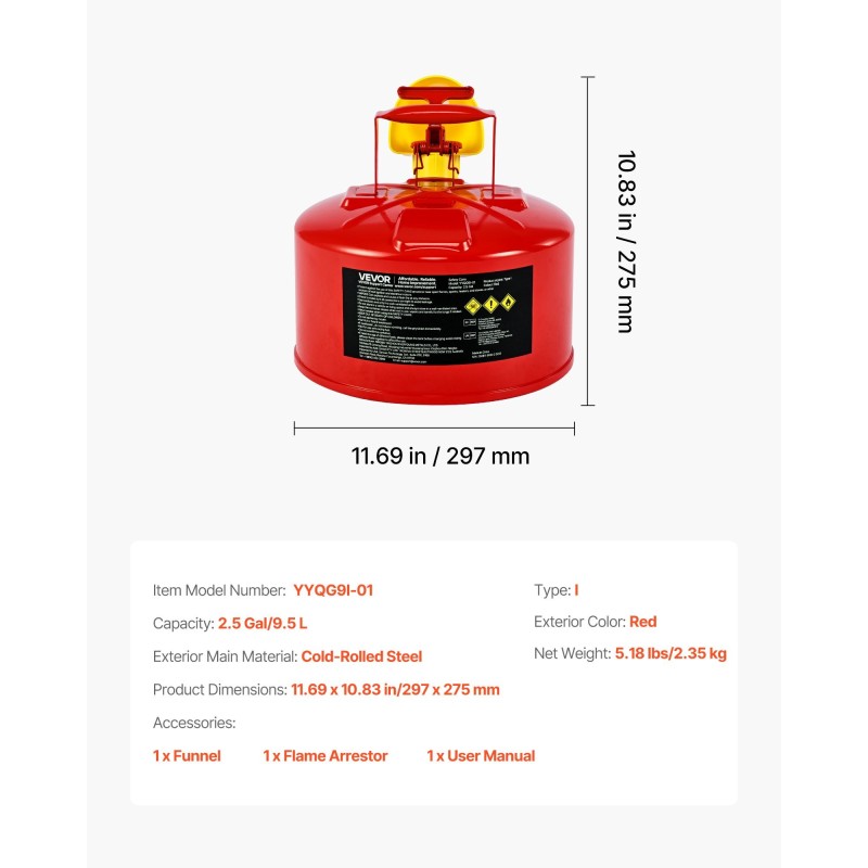 Turvapolttoainekanisteri 9,5 l kylmävalssattu hiiliteräs punainen ruostumaton liekinsammutin