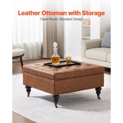 Säilytysrahi 80 cm neliö PU-nahkaverhoiltu ruskea puurunko säilytystilalla rullapyörillä