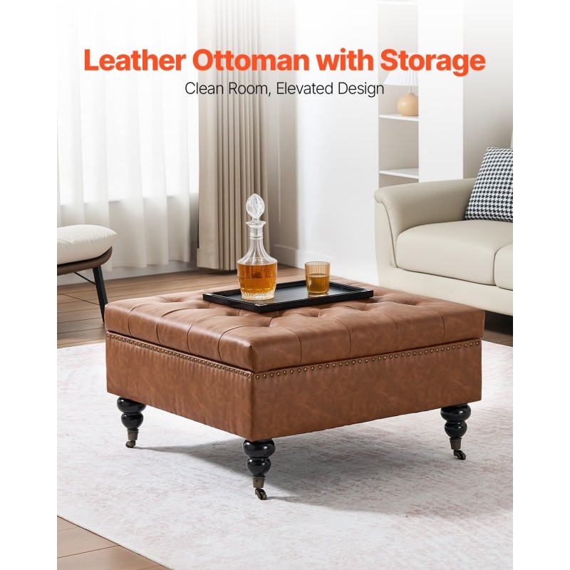 Säilytysrahi 80 cm neliö PU-nahkaverhoiltu ruskea puurunko säilytystilalla rullapyörillä