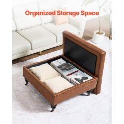 Säilytysrahi 80 cm neliö PU-nahkaverhoiltu ruskea puurunko säilytystilalla rullapyörillä