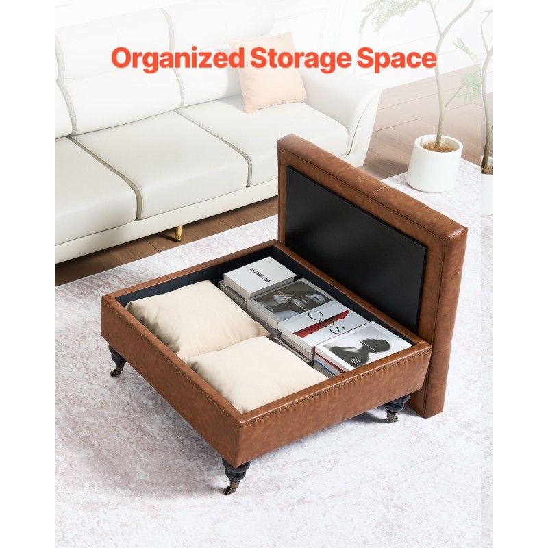 Säilytysrahi 80 cm neliö PU-nahkaverhoiltu ruskea puurunko säilytystilalla rullapyörillä