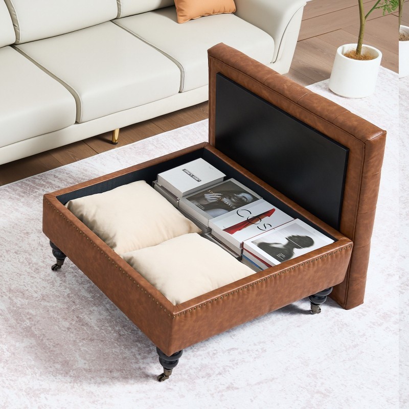 Säilytysrahi 80 cm neliö PU-nahkaverhoiltu ruskea puurunko säilytystilalla rullapyörillä