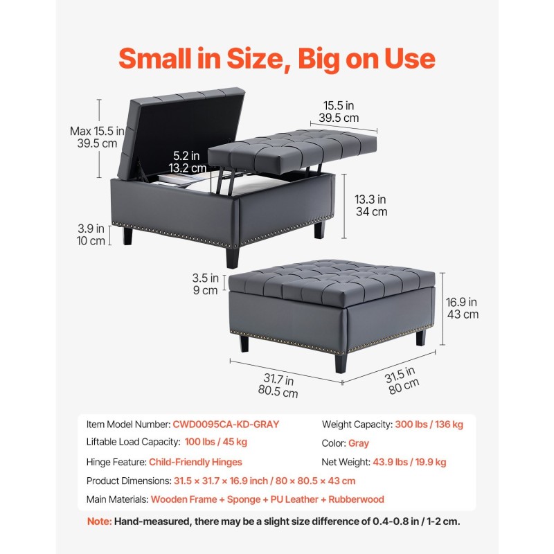 Neliönmuotoinen säilytysrahi 80 cm PU-nahkaverhoilu harmaa säilytystila