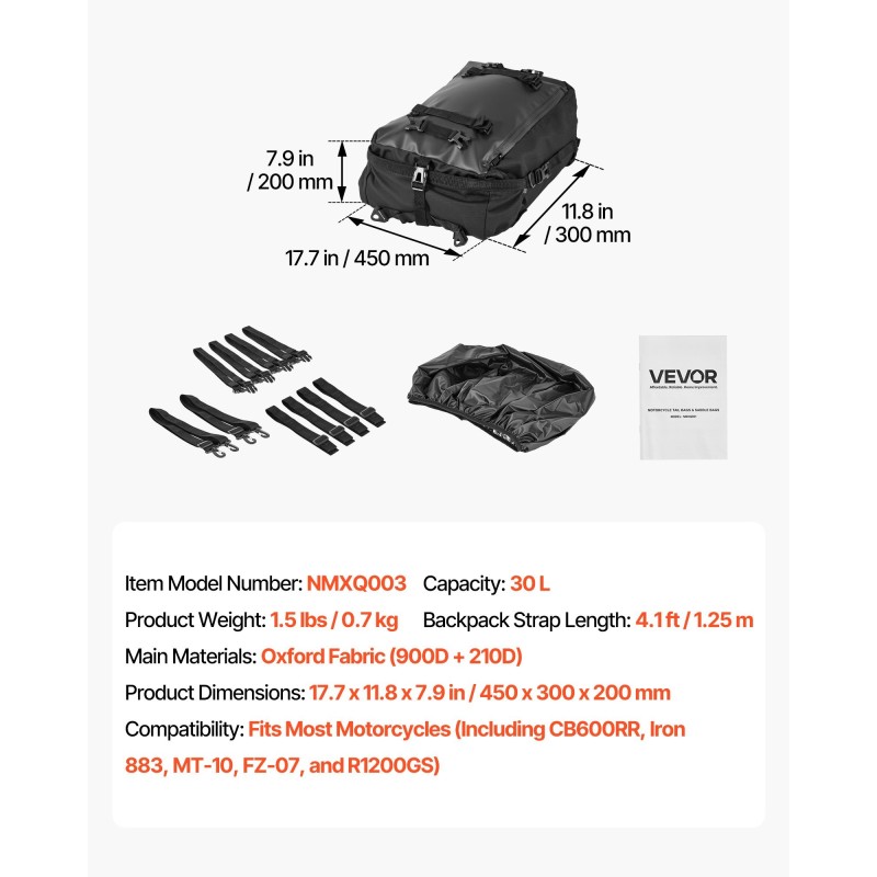 Moottoripyörän yleismallinen takalaukku 30 L Oxford-kangas irrotettava sadesuojalla