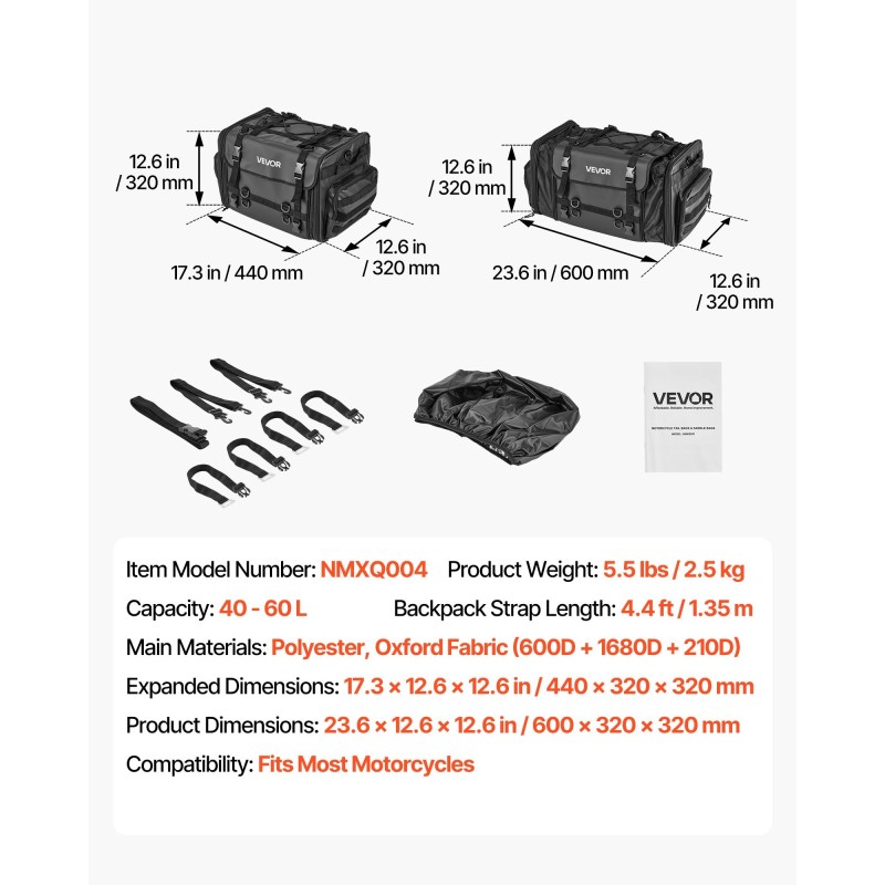 Moottoripyörän takalaukku laajennettava 40–60 litraa polyesteri musta