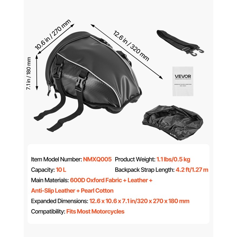 Moottoripyörän takalaukku 10 l musta 600D Oxford-kangas yleismallinen