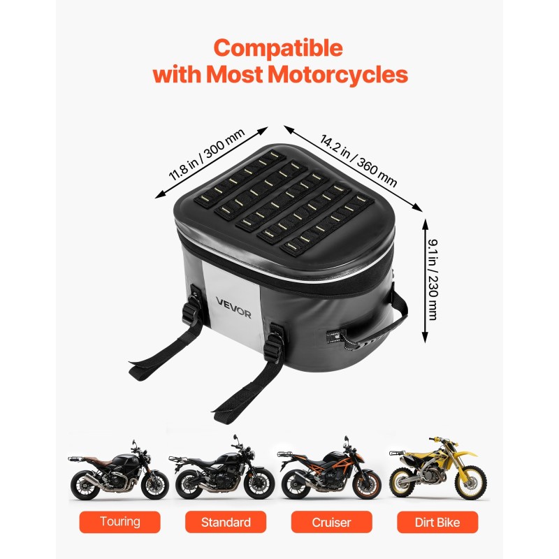 Moottoripyörän takalaukku 28 l 500D PVC verkkokangas vedenpitävällä vetoketjulla säädettävillä soljilla