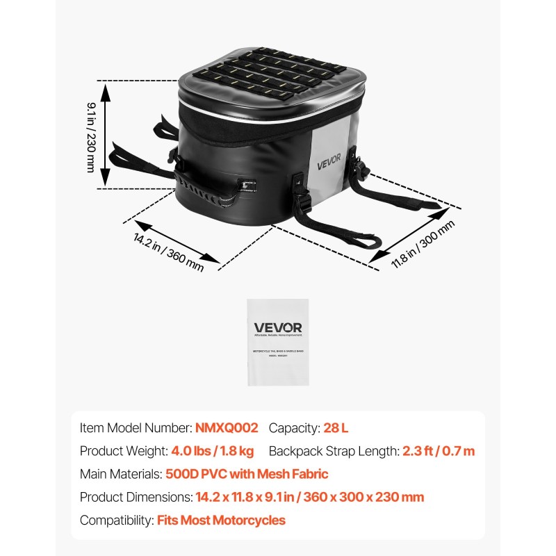 Moottoripyörän takalaukku 28 l 500D PVC verkkokangas vedenpitävällä vetoketjulla säädettävillä soljilla