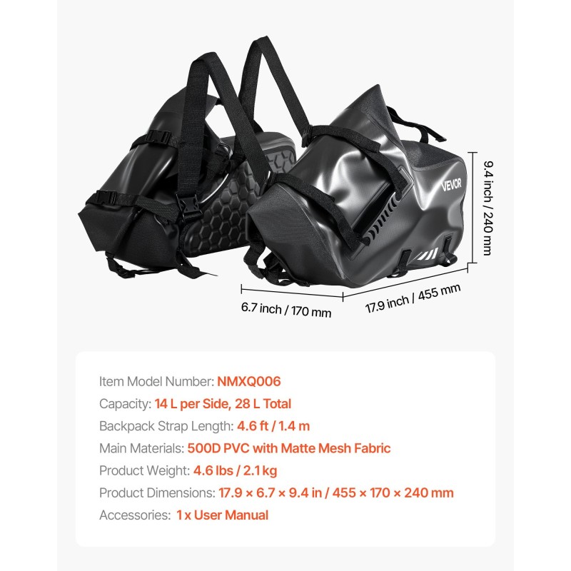 Moottoripyörän sivulaukku 500D PVC 28 L vesitiivis musta