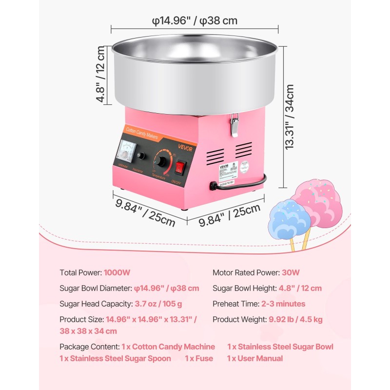 Puuvillakone 1000W ruostumattomasta teräksestä 38 cm kulho vaaleanpunainen kotikäyttöön ja juhliin