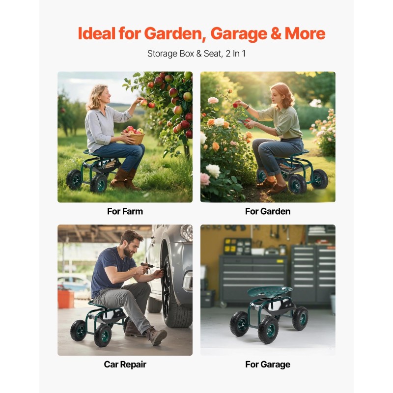 Rullattava puutarhatuoli teräsrunkoinen korkeussäädettävällä pyörivällä istuimella ilmakumirenkailla työkalulokerolla