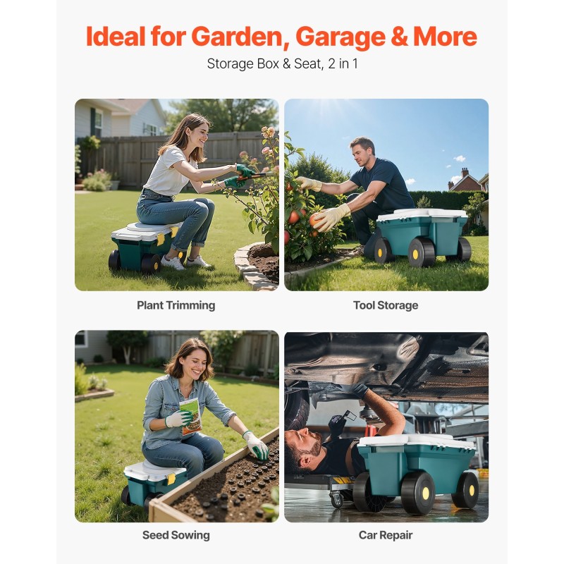 Puutarhavaunu muovinen 360-asteinen istuin ja säilytyslaatikko