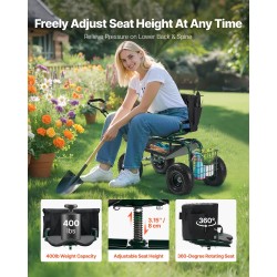 Puutarhatuoli pyörillä teräsrunko korkeussäädettävä kääntyvä pehmustettu istuin