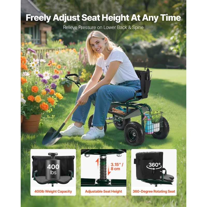 Puutarhatuoli pyörillä teräsrunko korkeussäädettävä kääntyvä pehmustettu istuin