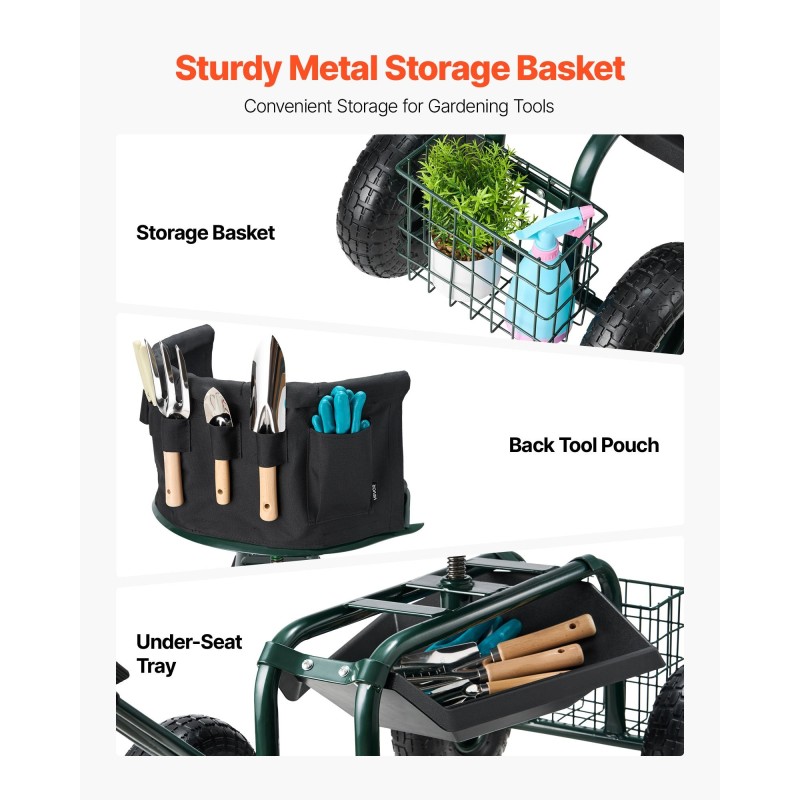 Puutarhatuoli pyörillä teräsrunko korkeussäädettävä kääntyvä pehmustettu istuin