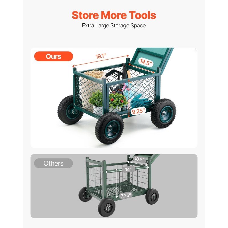 Metallinen puutarhavaunu istuimella EVA pehmusteella suuri säilytyskori 181 kilogramman kantokyky