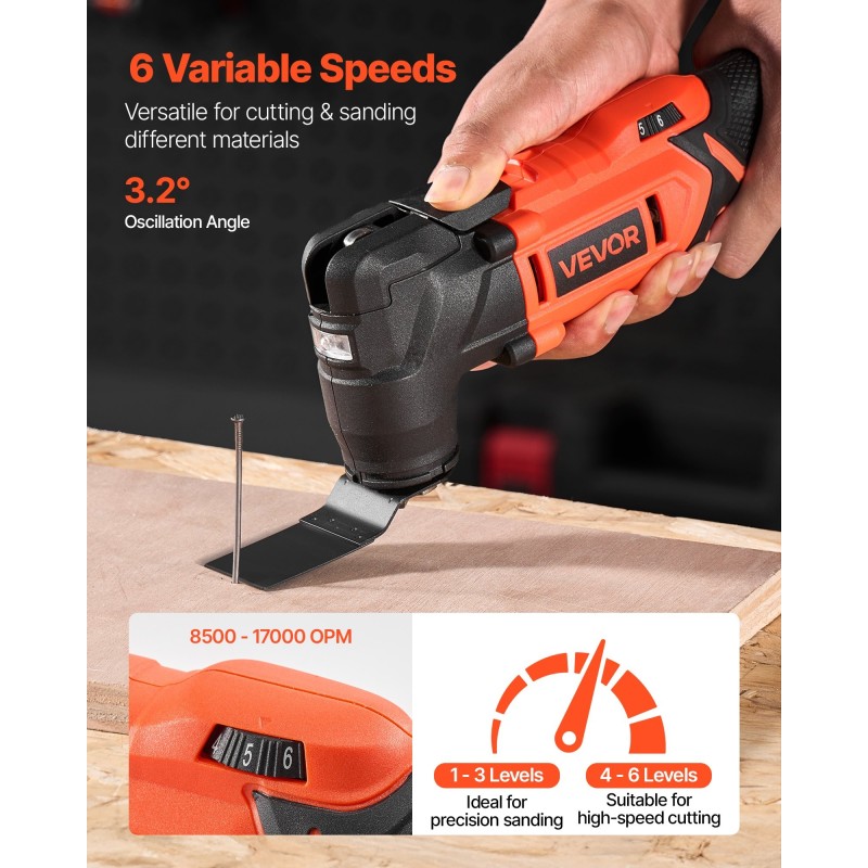 Johdoton 20V oskilloiva monitoimityökalu 6-portainen nopeudensäätö LED työvalo 8 kpl sahaustarviketta