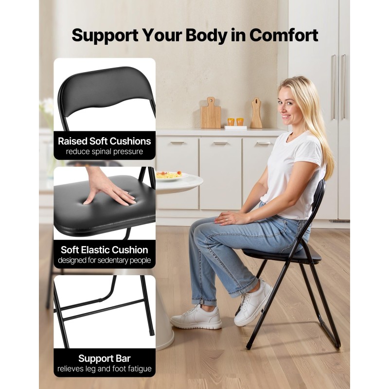 Kokoontaitettavat pehmustetut keinonahkatuolit metallirunkoiset mustat 4 kpl