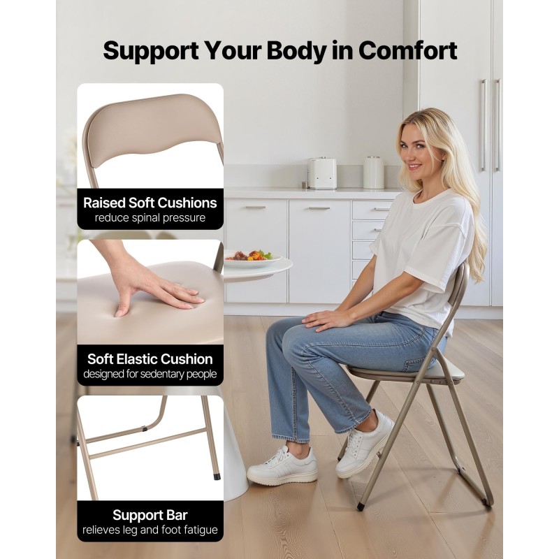 Taitettava pehmustettu metallirunkoinen tuolisetti PVC-nahka 4 kpl khaki 158 kg kantavuus