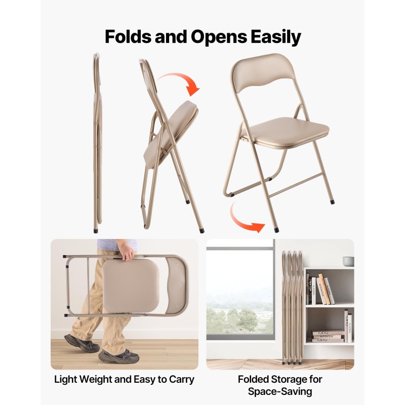 Taitettava pehmustettu metallirunkoinen tuolisetti PVC-nahka 4 kpl khaki 158 kg kantavuus