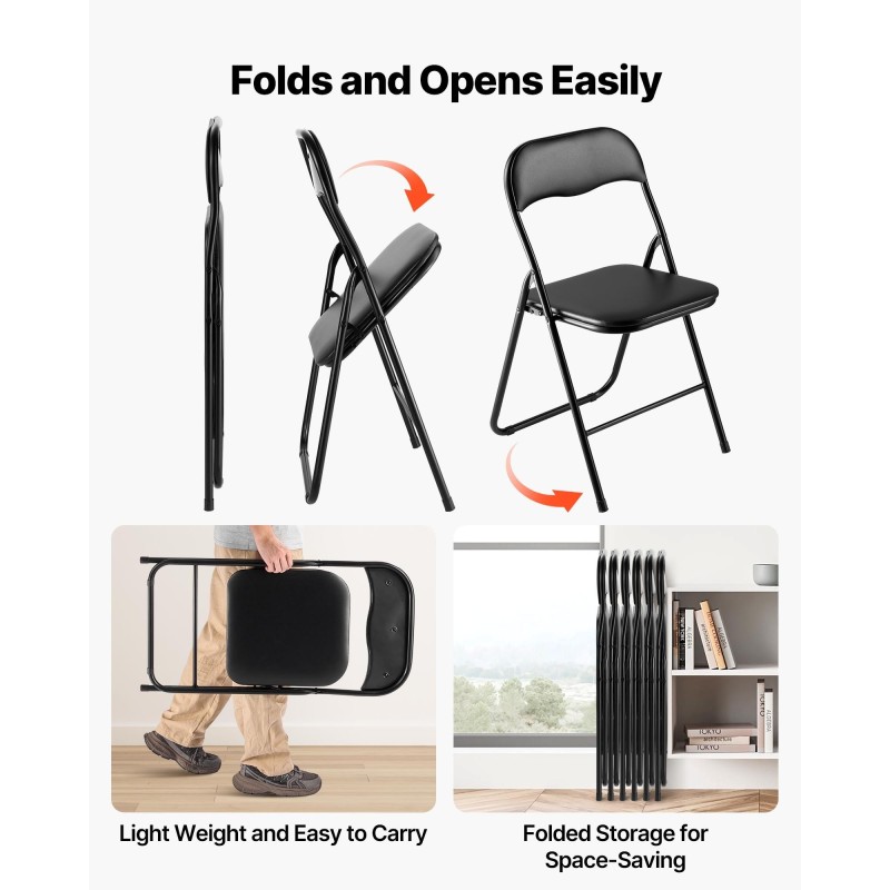 Taitettavat pehmustetut nahkajäljitelmätuolit metallirungolla 6 tuolia musta