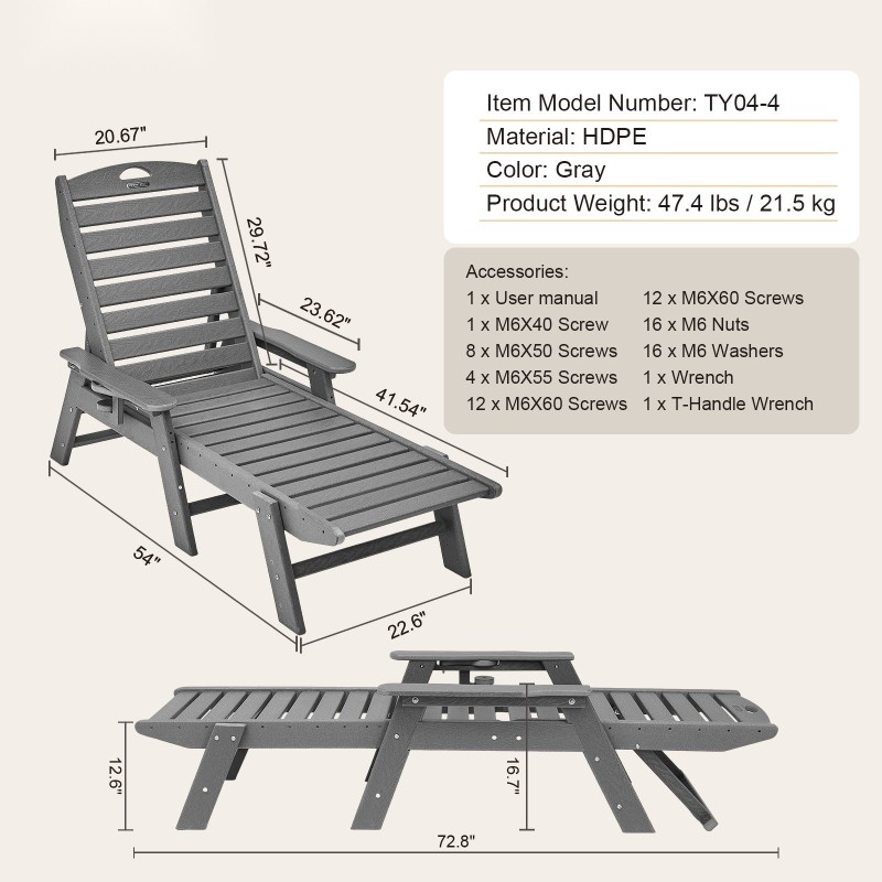Lepotuoli polyeteenimuovi 1850 mm säänkestävä 6-portainen 181 kg harmaa ulkokäyttöön