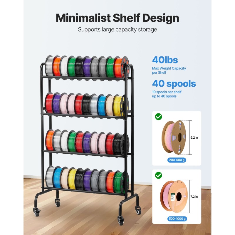 3D-tulostusfilamenttien säilytysteline hiiliteräsrunko MDF-tasot 4 tasoa pyörillä