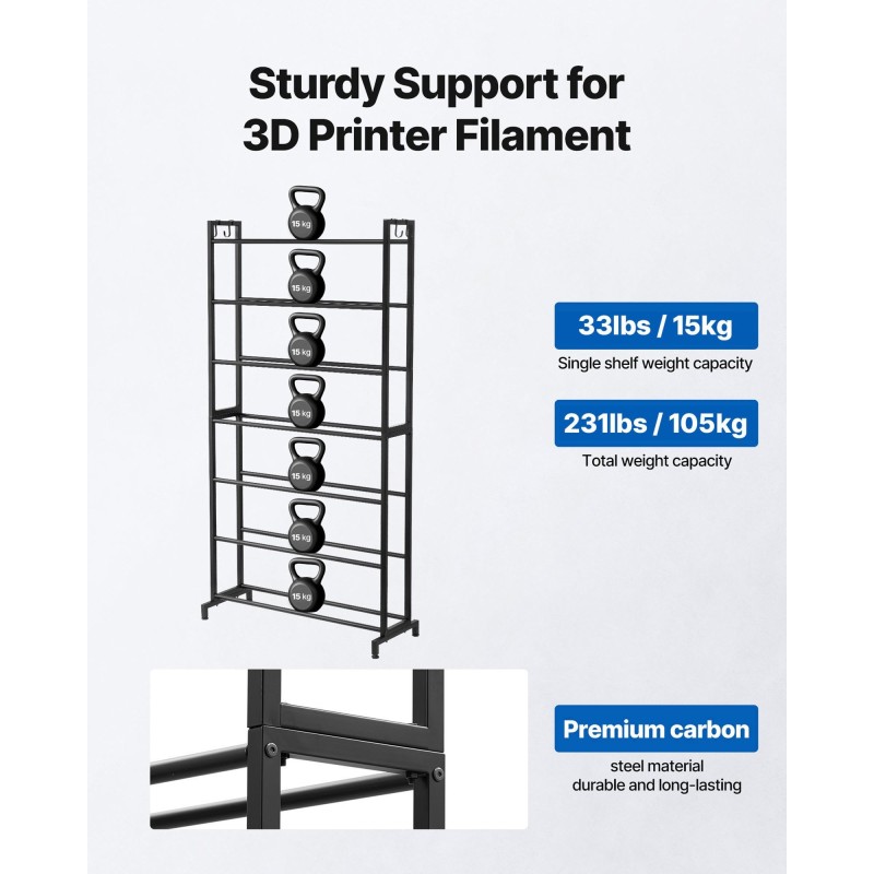 3D-tulostusfilamenttien säilytyshylly 7-tasoinen hiiliteräs musta korkeus 1650 mm