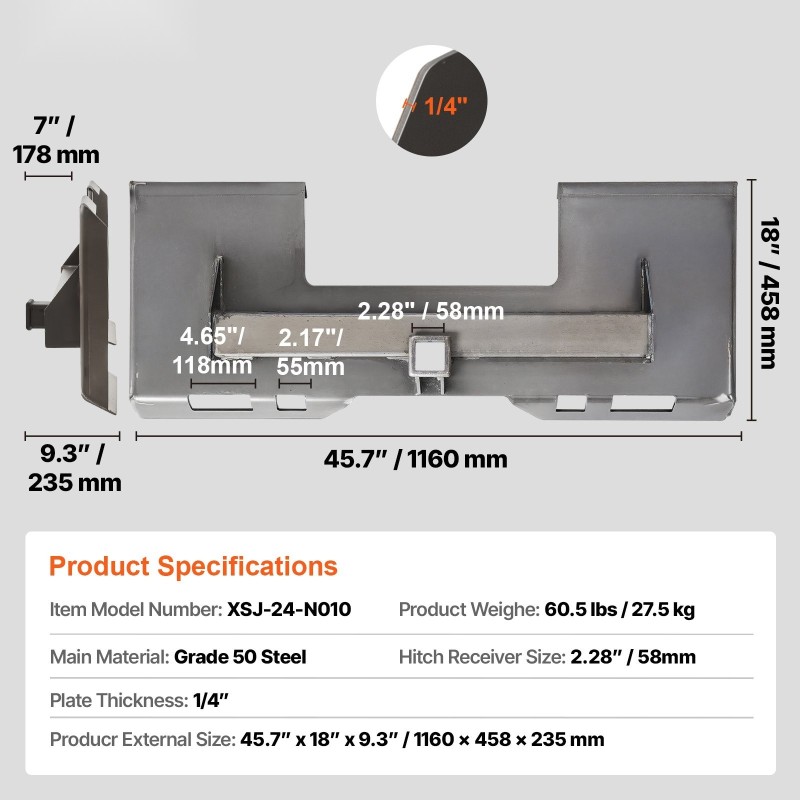 Liukuohjatun kuormaajan kiinnityslevy 1/4-tuuman paksu luokan 50 teräs 2,28-tuumaisella vastaanottimella