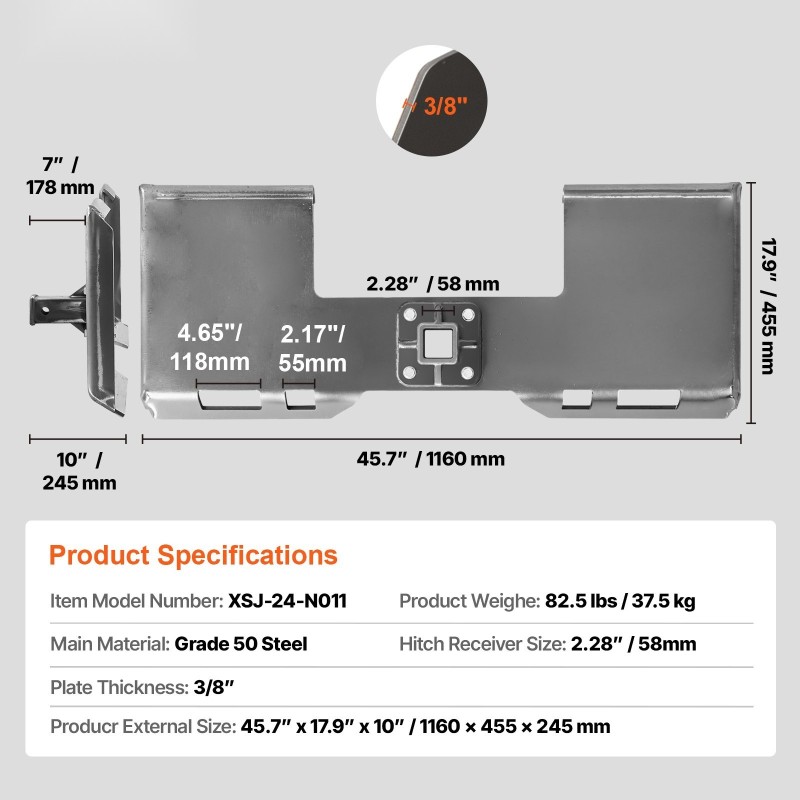Kuormaajakoneen kiinnityslevy luokan 50 terästä 45 tuuman sisäleveydelle 2,28 tuuman vastaanottimella