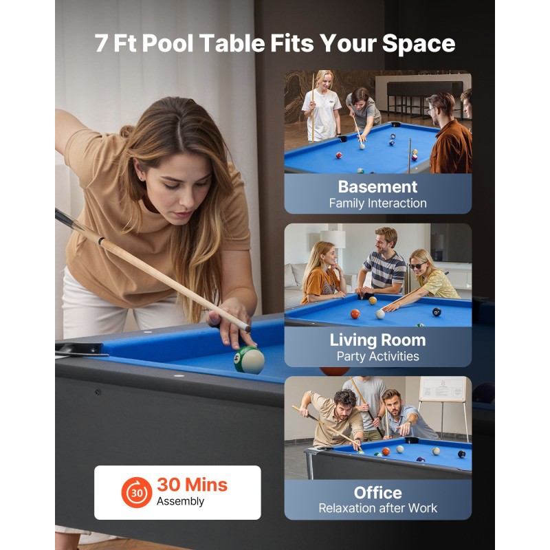 Biljardipöytä 213 cm MDF-runko PVC-viimeistely säädettävät jalat pelisetti mukana