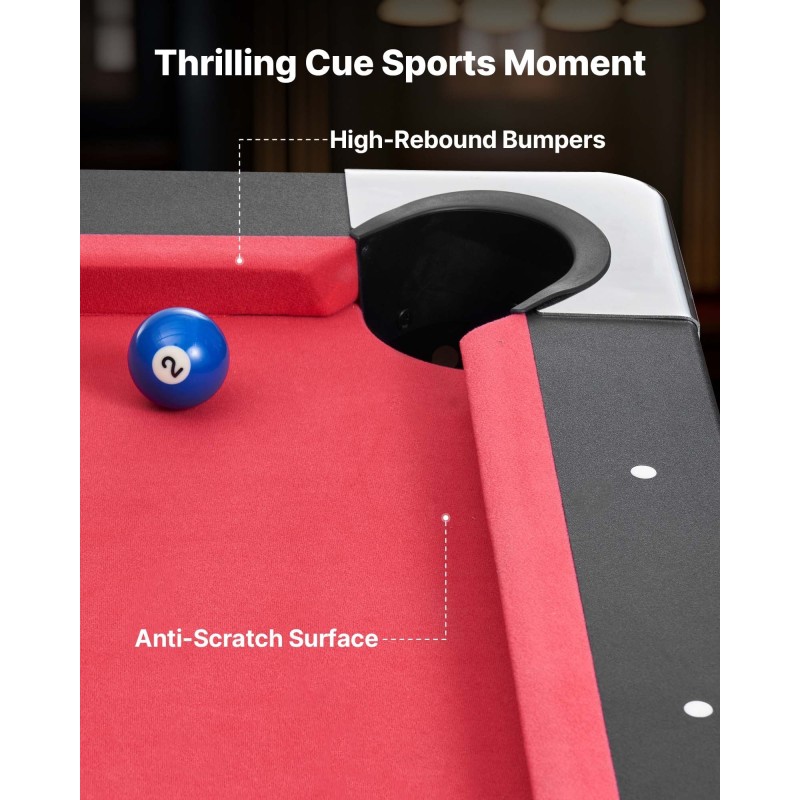Biljardipöytäsetti 183 cm MDF-runko säädettävät jalat punainen verka sisältää kepit ja pallot