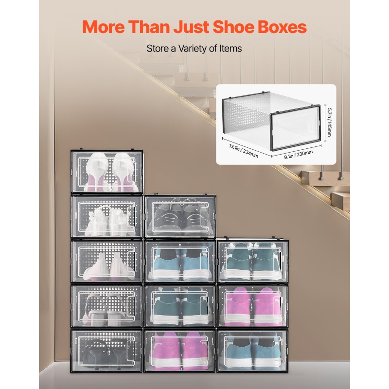 Kengänlaatikot läpinäkyvästä PP/PS-muovista pinottavat 12 kpl mustalla kehällä