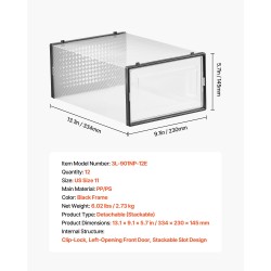 Kengänlaatikot läpinäkyvästä PP/PS-muovista pinottavat 12 kpl mustalla kehällä
