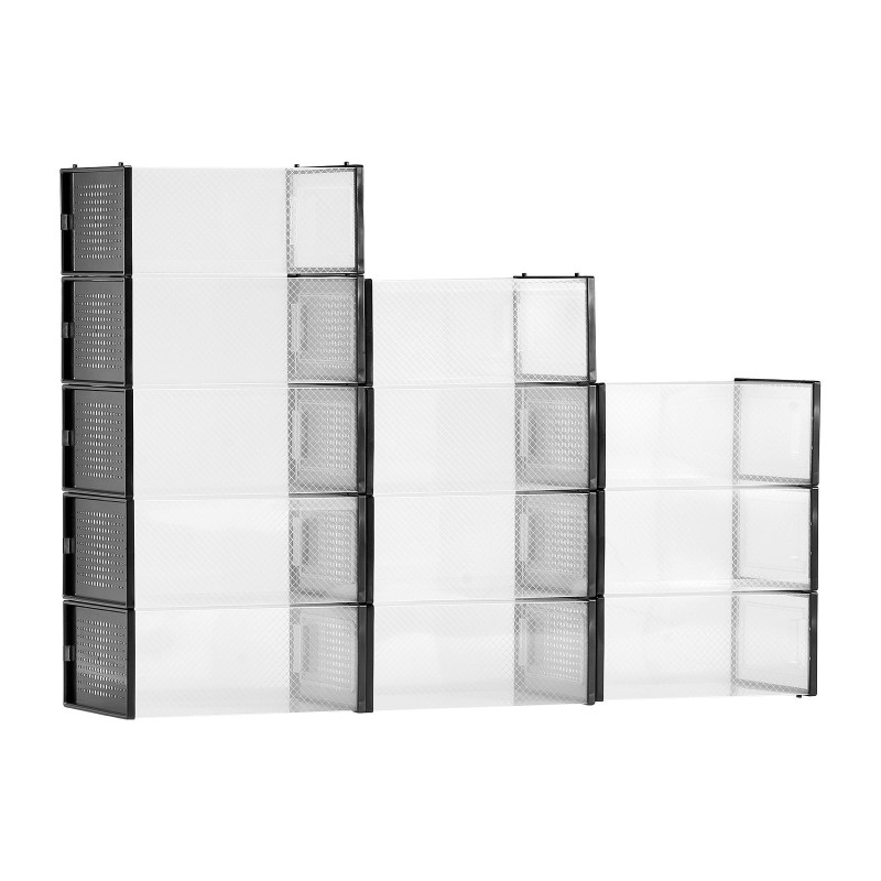 Kengänlaatikot läpinäkyvästä PP/PS-muovista pinottavat 12 kpl mustalla kehällä