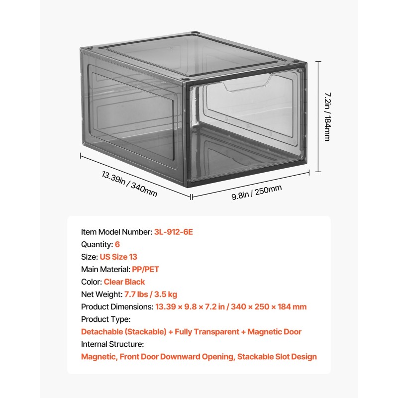 Muoviset pinottavat kengänlaatikot 6 kappaleen paketti läpikuultavat magneettisilla ovilla sopii kokoon 13