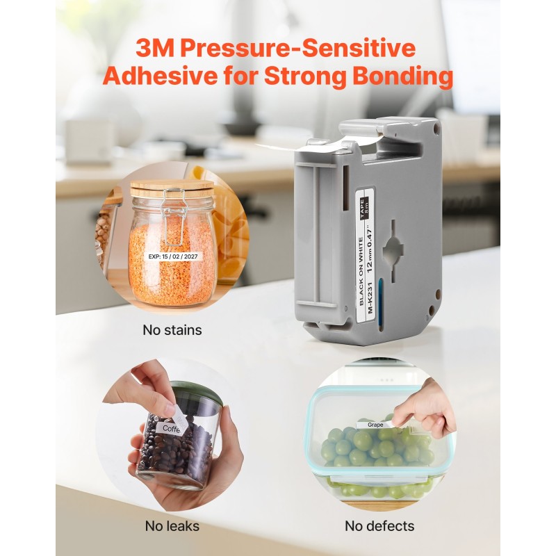 Tarranauha 12 mm polyesteri 4 kpl 8 m valkoinen pohja musta teksti