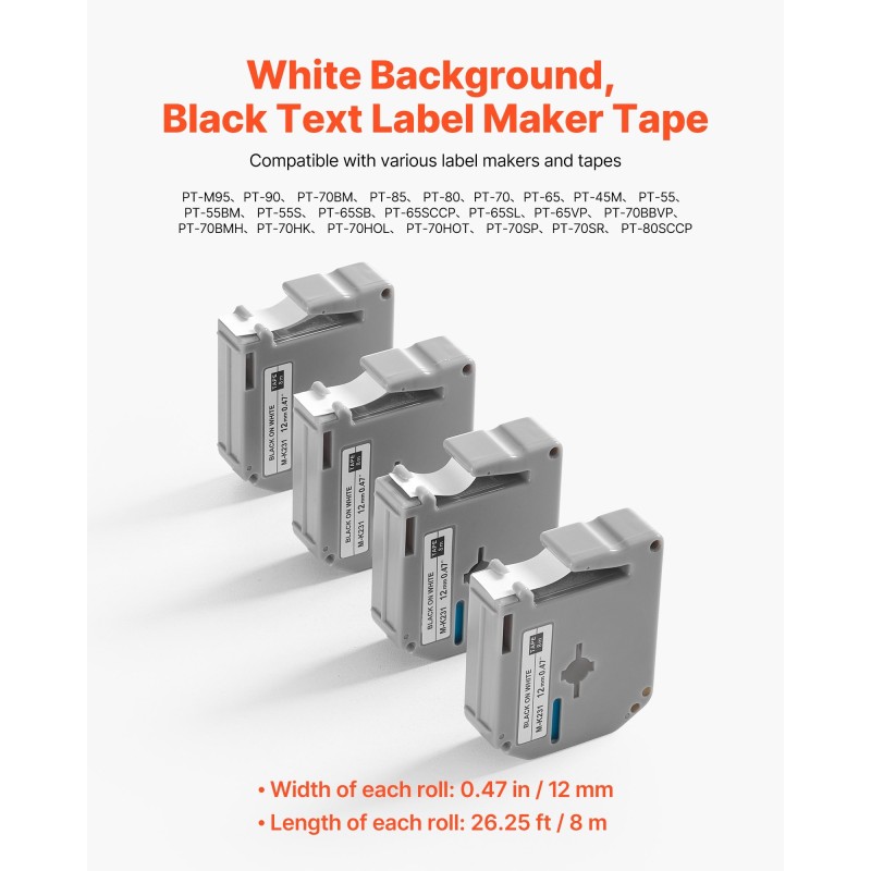 Tarranauha 12 mm polyesteri 4 kpl 8 m valkoinen pohja musta teksti