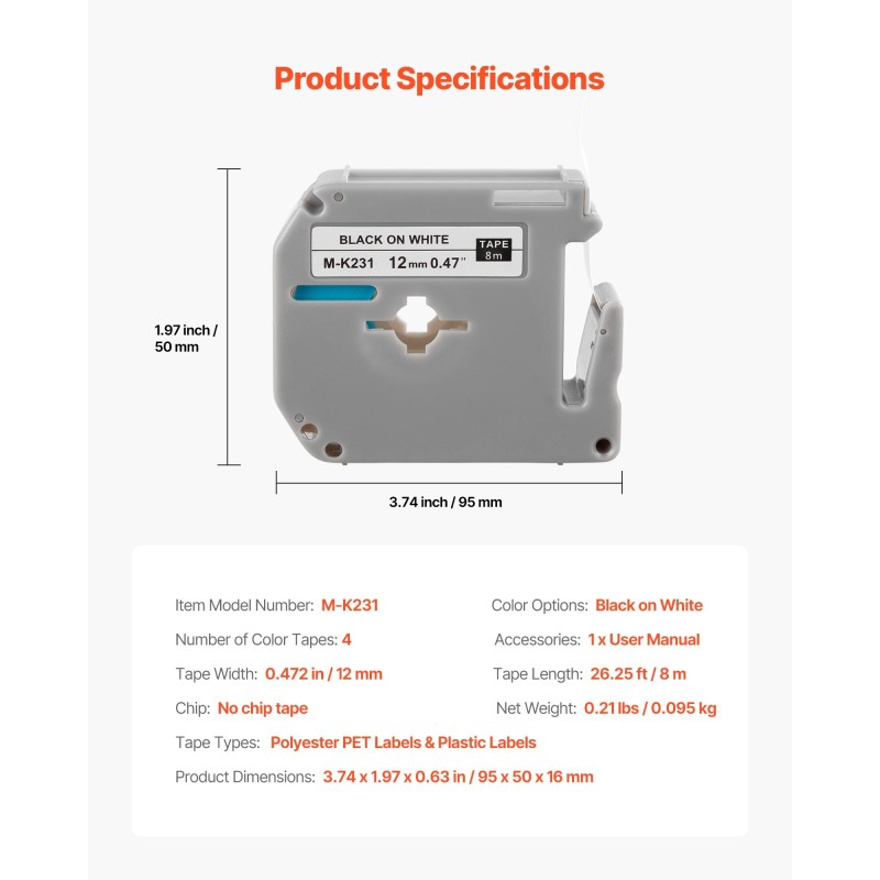 Tarranauha 12 mm polyesteri 4 kpl 8 m valkoinen pohja musta teksti