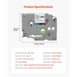 Tarranauha muovietiketti 12 mm 4 kpl valkoinen musta teksti