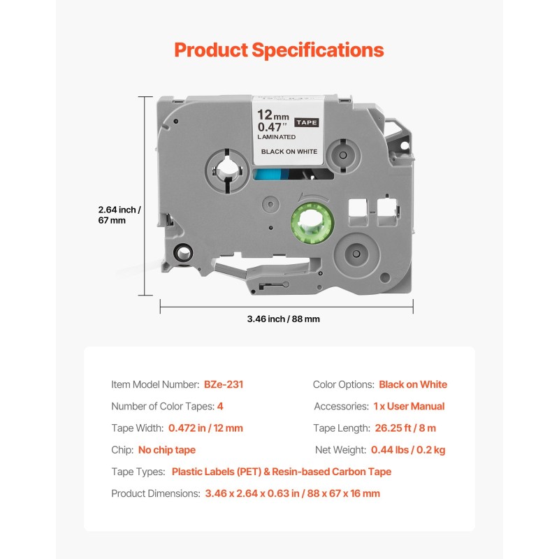Tarranauha muovietiketti 12 mm 4 kpl valkoinen musta teksti