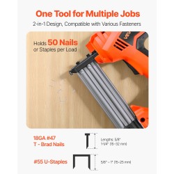 Sähköinen kaksitoiminen naula ja hakasnaulain verkkovirralla viidenkymmenen kiinnikkeen lippaalla
