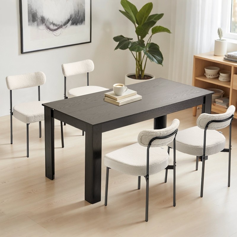 Ruokapöydän tuolisetti 2 kpl valkoiset pehmustetut teddy-bouclé mustat metallijalat