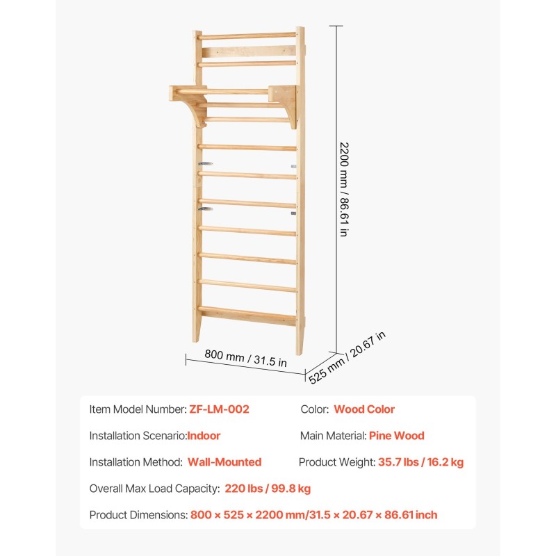 Puinen 10-tasoinen seinäkiipeilyteline mäntypuusta sisätiloihin lapsille ja aikuisille