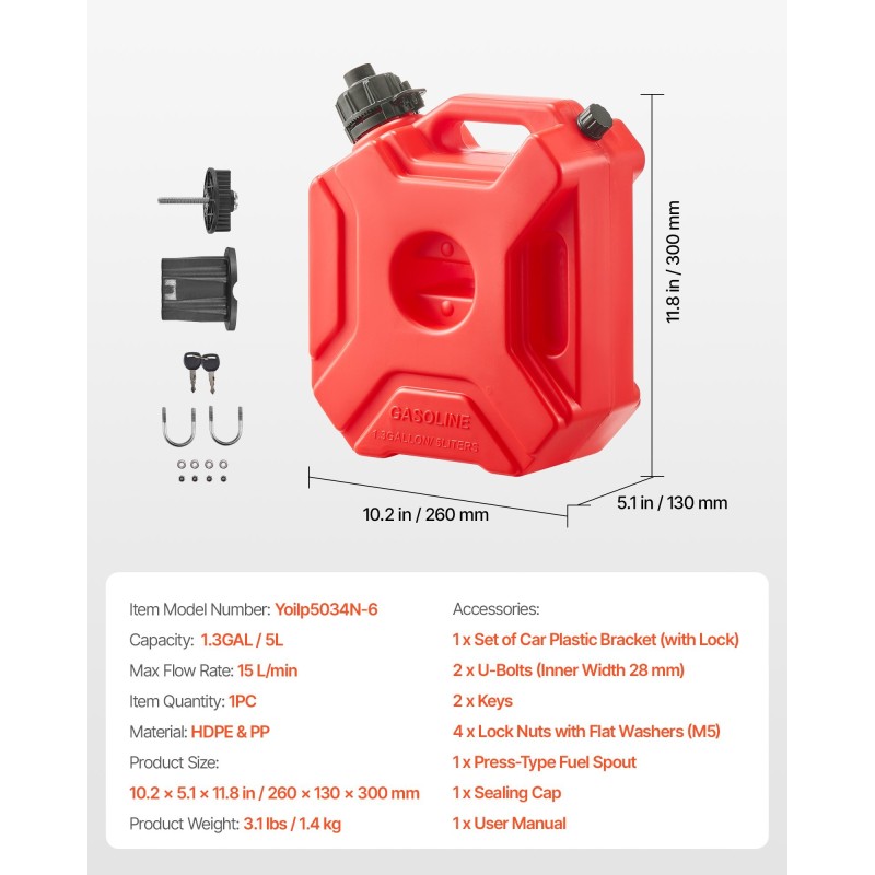 Polttoainekanisteri 5 l litteä muovinen kaksoisventtiilillä lukittavalla kiinnikkeellä ajoneuvoille