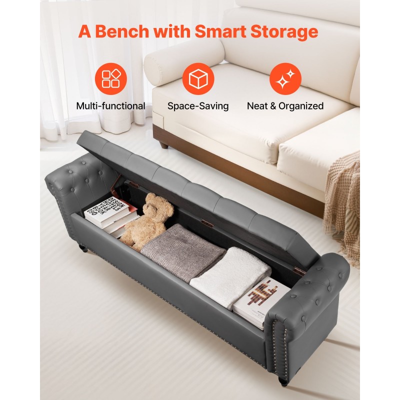 Säilytysrahi PU-nahka harmaa säilytystilalla massiivikumipuisilla jaloilla 166 cm